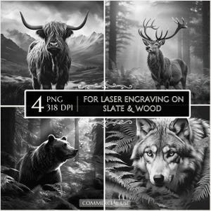 4 Wildlife PNG – Laser Engraving Files, Deer, Bear, Wolf, Cow in Mountains and Forest, Slate Coaster, Glowforge, LightBurn, CNC Projects Co2