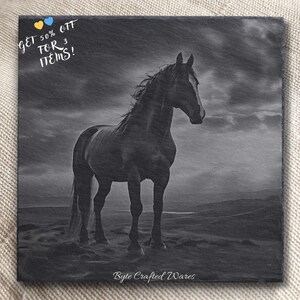 Puede incluir: Foto en blanco y negro de un caballo de pie en un campo. El caballo est&aacute; mirando hacia la derecha y tiene una larga melena y cola. El fondo es un cielo nublado.
