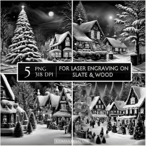 Christmas Village 5 PNG for CNC Laser Engrave, Christmas Bundle files laser, Slate Coasters PNG, Xmas Stock, Laser Burn, Santa png