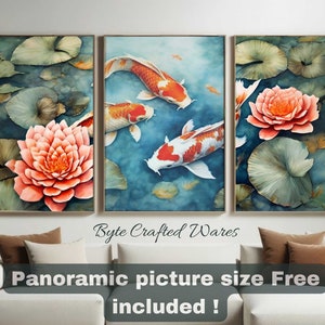 Koi Fish Wall Art, Japanese Zen Prints Set of 3, Koi Fish Painting, Printable Koi Art, Lotus Pond Print, Fish Art Gift for Home Decor