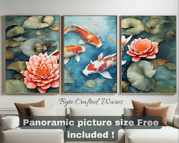 Koi Fish Wall Art, Japanese Zen Prints Set of 3, Koi Fish Painting, Printable Koi Art, Lotus Pond Print, Fish Art Gift for Home Decor