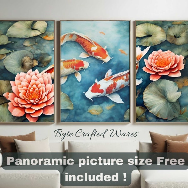 Lotus Pond and Koi fish, Zen series, Set of 3 Prints, Koi Fish Print, Koi Wall Art, Printable Japanese Print, Koi Fish Painting