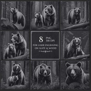 Bear Family in the Forest Laser Ready Engraving PNG File, Slate Board Coaster, CNC Projects CNC Router, Glowforge LightBurn, Wildlife Animal