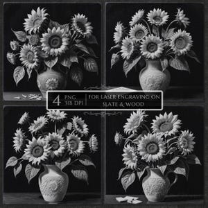 Sunflowers in Clay Vase PNG, Laser Ready Engraving File, Slate Etching Art, Rustic Floral Laser Burn PNG, Glowforge, CNC, Lightburn Design