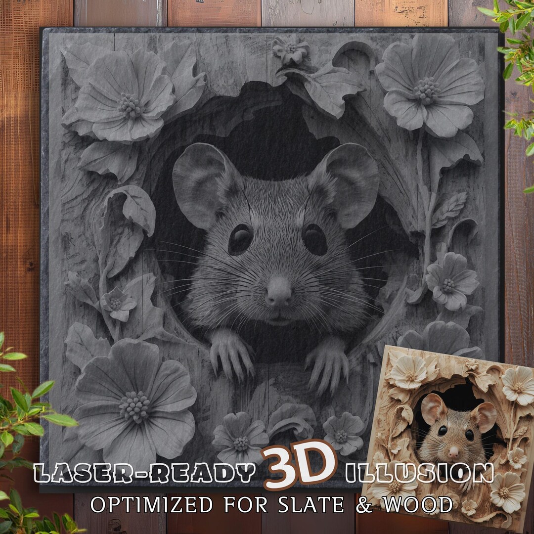 Cute Mouse 3D Illusion Laser Engraving PNG File, Slate Coaster and Wood ...