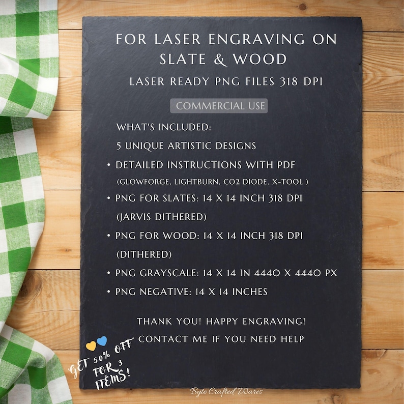 May include: A dark gray rectangular slate board featuring white text for laser engraving on slate and wood. It lists 5 artistic designs, PDF instructions for Glowforge, Lightburn, CO2 diode, and X-tool, plus 14 x 14 inch PNG files.