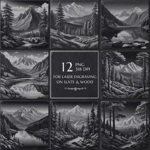 12 Mountain Laser Engraving PNG Bundle, Wildlife Forest Burn File, Slate Coasters, 3D Illusion Landscape, Lightburn CNC Cut, laser Burn PNG