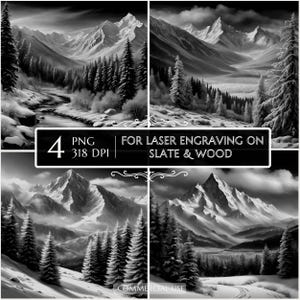 Winter Mountain Landscape PNG for Laser Engrave, Christmas files, laser Burn PNG, Slate Coasters PNG, Xmas Stock 3D Illusion Lightburn File