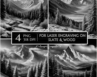 May include: Four black and white digital images of a snowy mountain landscape with pine trees. The images are for laser engraving on slate and wood. The images are 318 DPI.