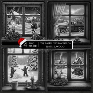 Puede incluir: Arte digital en blanco y negro que presenta cuatro escenas de ventanas con temas de vacaciones de invierno. Cada ventana representa paisajes nevados con casas, personas y vehículos. El texto en la imagen dice "FOR LASER ENGRAVING ON SLATE & WOOD."