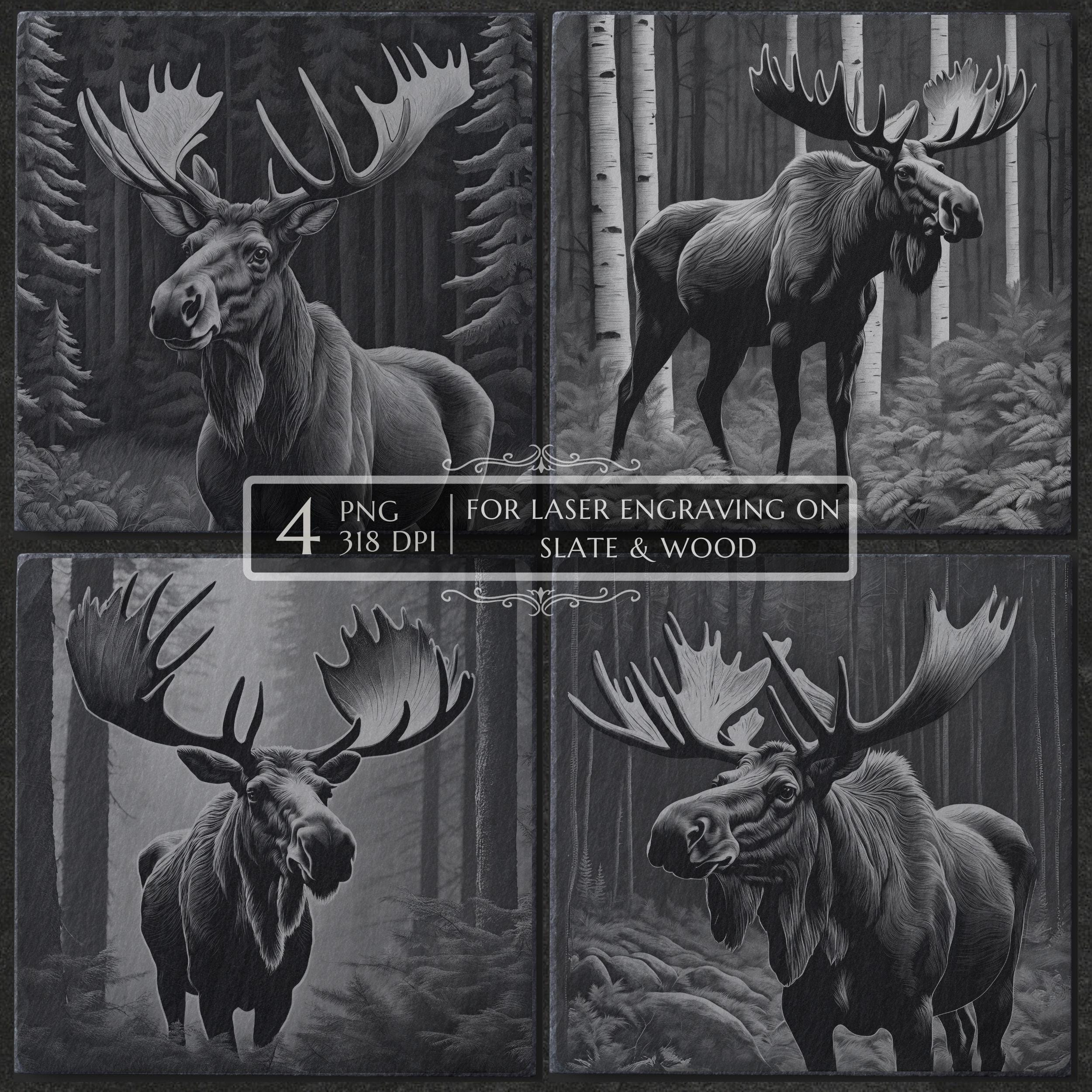 Moose Laser Engraving PNG, CNC Glowforge Lightburn File, Wildlife Animal for Slate Wood, Moose Forest Silhouette SVG