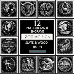 12 Zodiac Signs 3D Laser Engraving PNG, Horoscope Astrology Laser File, Slate Coaster Engraving, CNC LightBurn Glowforge, Zodiac Gift