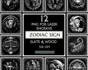 12 Zodiac Signs 3D Laser Engraving PNG, Horoscope Astrology Laser File, Slate Coaster Engraving, CNC LightBurn Glowforge, Zodiac Gift