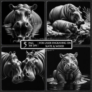 Peut inclure: Art numérique en noir et blanc représentant des hippopotames dans diverses poses. Une image montre un hippopotame dans l'eau, une autre une mère et son petit, et d'autres des gros plans. Le texte indique "5 PNG 318 DPI POUR LA GRAVURE LASER SUR ARDOISE & BOIS."