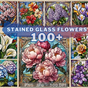 Puede incluir: Un collage digital de imágenes de flores estilo vitral. Las imágenes incluyen una hortensia, un lirio, una rosa, una peonía, un lila, un hibisco y un grupo de flores moradas. El texto "STAINED GLASS FLOWERS 100+ PNG JPG - 300 DPI" está en la parte inferior del collage.