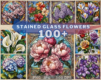 100+ Stained Glass Flowers Bundle Digital Paper - Floral Stained Glass PNG Backgrounds - Flower Background - Commercial Use - Scrapbooking