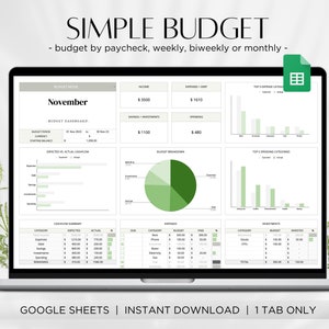 May include: A laptop screen displaying a Google Sheets spreadsheet with a simple budget template. The spreadsheet is titled "Simple Budget" and includes sections for income, expenses, and investments. The spreadsheet is designed to help users track their finances and create a budget.