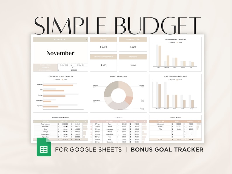 Plantilla de presupuesto de Hojas de Cálculo de Google: Panel de finanzas para principiantes (Descarga digital) imagen 1