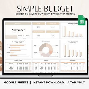 Peut inclure: Un écran d'ordinateur portable affichant un tableur Google Sheets avec un modèle de budget simple. Le tableur est intitulé "Simple Budget" et comprend des sections pour les revenus, les dépenses et les investissements. Le tableur est conçu pour aider les utilisateurs à suivre leurs finances et à créer un budget.