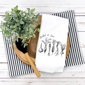 Rooted in Love - Cotton Tea Towel, Housewarming Gift, Kitchen Towel, Christian Gift, Faith Tea Towel, Christian Tea Towel, Home Decor