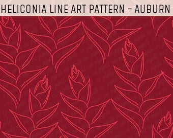 Heliconia Line Art Pattern - Auburn - Line Art Pattern PNG - Tropical Flower Seamless - Hawaii Flower Repeat - Fabric Pattern PNG