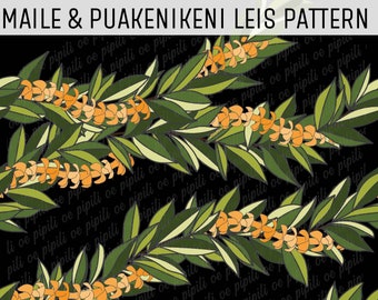 Maile and Puakenikeni Leis Pattern - Black - Hawaii Seamless Pattern - Fabric Pattern PNG - Hawaii Sublimation Design - Hand Drawn Leaves