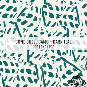 May include: A repeating pattern with dark teal shapes and lines on an off-white background. The design includes irregular, organic shapes and long, vertical lines, creating a camouflage effect. The text "CONE SHELL CAMO - DARK TEAL" is displayed across the image.