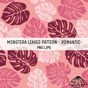 May include: A repeating pattern of stylized monstera leaves in shades of pink and burgundy on a light pink background. The image includes the text "MONSTERA LEAVES PATTERN - ROMANTIC PNG | JPG". The leaves have a tropical theme.