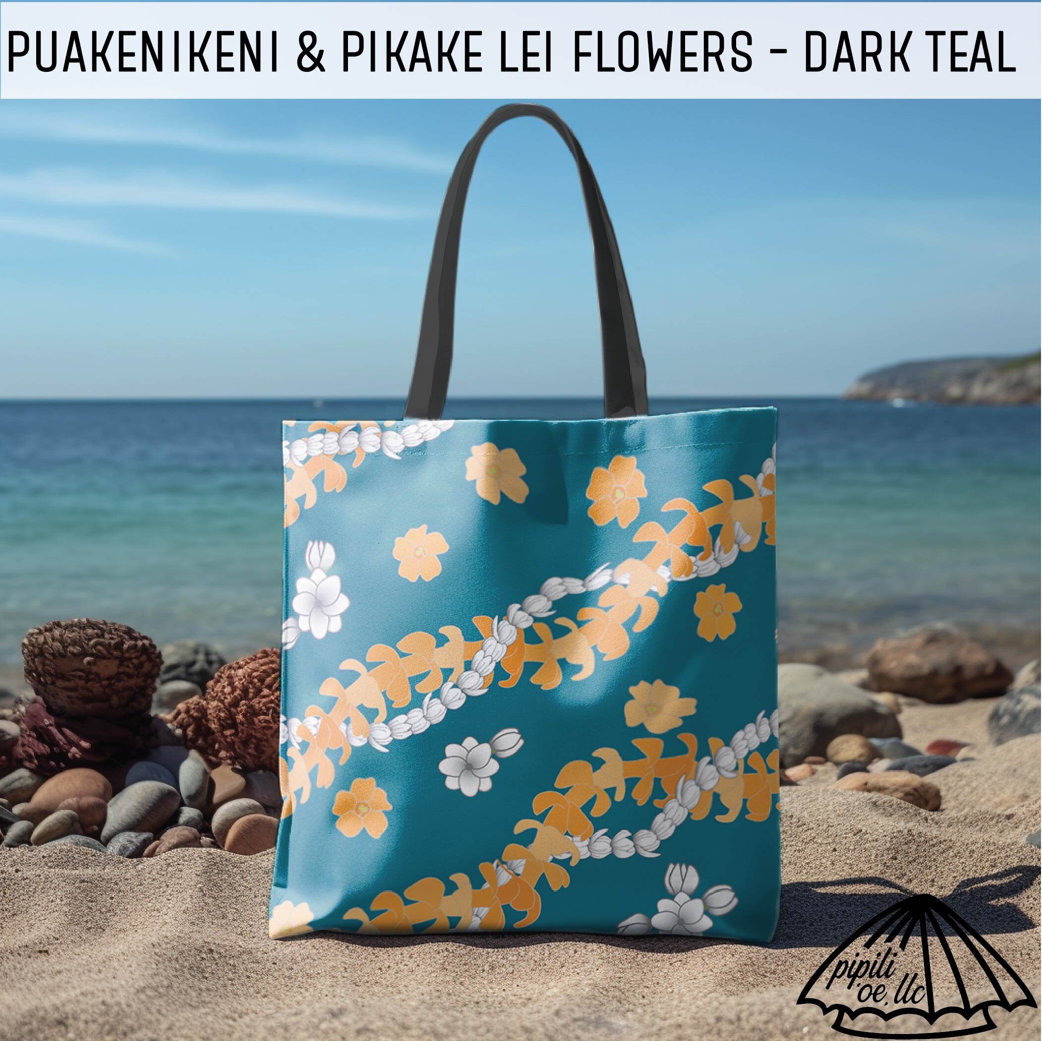 MahinaMade Teal Floral Puakinikini Backpack with Mustard Accents Puakenikeni and Pikake Lei Flowers Pattern - Dark Teal  main image 3