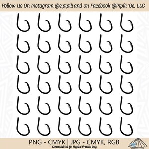 Könnte beinhalten: Ein digitaler Download von 36 Schwarzweiß-Illustrationen von Angelhaken. Die Haken sind in einem Raster angeordnet. PNG - CMYK | JPG - CMYK, RGB. Kommerzielle Nutzung für physische Produkte nur.