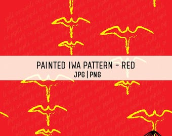 May include: A seamless pattern featuring yellow stylized birds on a red background. The text "PAINTED IWA PATTERN - RED JPG|PNG" is at the top of the image.
