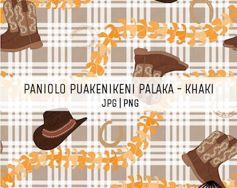 Paniolo Palaka Puakenikeni Lei - Khaki - Padrão de casa de fazenda - Padrão sem costura havaiano - Sublimação - Padrão de tecido PNG - Botas e chapéus PNG