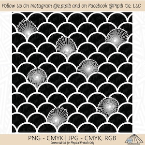 May include: Black and white seamless pattern with a repeating design of white stylized flowers on a black background. The flowers are surrounded by white curved lines that resemble fish scales. The text "PNG - CMYK | JPG - CMYK, RGB" is at the bottom of the image. The text "Commercial Use for Physical Products Only" is below the text "PNG - CMYK | JPG - CMYK, RGB".