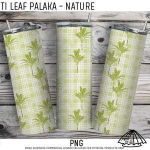 May include: Three stainless steel tumblers with lids and straws. The tumblers feature a green and white plaid pattern with green palm leaf designs. The text "TI LEAF PALAKA - NATURE" is at the top.
