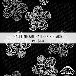 May include: Black and white line art pattern featuring a repeating design of stylised flowers. The pattern is on a black background and the flowers are white. The text "HAU LINE ART PATTERN - BLACK PNG|JPG" is at the top of the image.