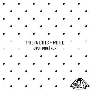May include: White background with evenly spaced black polka dots. The text "POLKA DOTS - WHITE" is centered, with "JPG | PNG | PDF" below it. A small umbrella logo is in the bottom right corner.