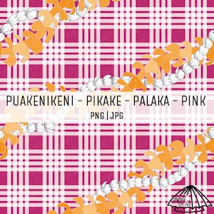 May include: A digital paper pattern featuring a pink and white gingham background with two white and orange flower leis. The text "PUAKENIKENI - PIKAKE - PALAKA - PINK PNG | JPG" is at the bottom of the image.