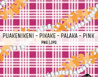 Puakenikeni and Pikake Lei on Palaka - Pink - Hawaii Seamless Pattern - Fabric Pattern PNG - Hawaii Sublimation Design - Vintage Hawaii