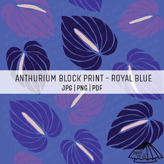 Anthurium Block Print Pattern - Royal Blue - Seamless Pattern -  Downloadable Seamless PNG - Anthurium Pattern PNG - Hawaii Sublimation PDF