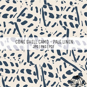 May include: A pale linen background with a navy blue cone shell camo pattern. The design features irregular shapes and lines, creating a textured, abstract look. The text "CONE SHELL CAMO - PALE LINEN" is displayed across the image.