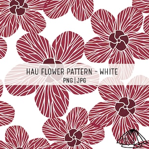 May include: A seamless pattern featuring white outlined burgundy flowers on a white background. The pattern is titled "Hau Flower Pattern - White PNG | JPG".