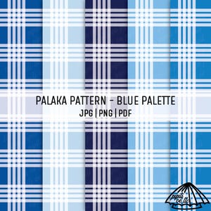 Op de afbeelding: Een digitaal ontwerp met een Palaka-patroon in verschillende tinten blauw en wit. Het ontwerp bestaat uit verticale en horizontale lijnen die een ruitpatroon creëren. De tekst "PALAKA PATTERN - BLUE PALETTE" is zichtbaar.