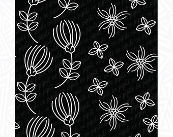 Puede incluir: Un patrón sin costuras en blanco y negro con diseños florales estilizados. El patrón incluye una variedad de flores y hojas, todas delineadas en blanco sobre un fondo negro.