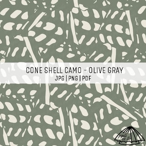 May include: An olive grey camouflage pattern featuring white organic shapes and the text "CONE SHELL CAMO - OLIVE GRAY" in a white banner. The image also includes "JPG | PNG | PDF".