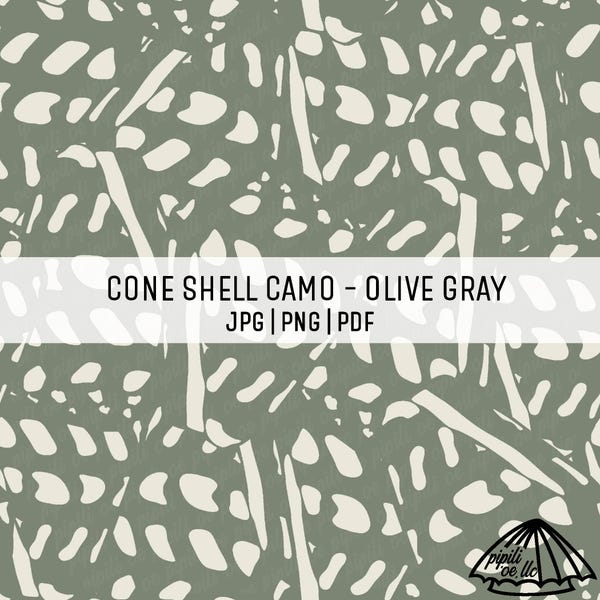 Cone Shell Camo Pattern with Olive Gray Background - Hawaii Digital Seamless Pattern (JPG, PNG, PDF) for Sublimation, Fabric, Backgrounds