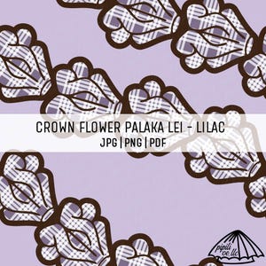 May include: Lilac crown flower palaka lei with a white and purple plaid pattern.  The lei is made of multiple flower shapes.  The image includes the text "CROWN FLOWER PALAKA LEI - LILAC JPG | PNG | PDF".