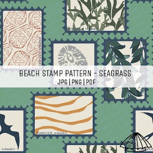 May include: A repeating pattern of postage stamps with beach-themed designs. The stamps feature illustrations of seashells, seaweed, and abstract shapes in shades of green, beige, and orange. The text "FOREVER HAWAII" is visible on some stamps. The phrase "BEACH STAMP PATTERN - SEAGRASS" is also present.