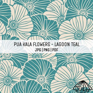 Pua Kala Blommönster - Lagoon Teal Bakgrund - Hawaii Seamless Repeat - Hawaii Sublimation PNG - Blommigt Textiltryck - Digitalt Papper