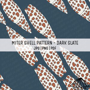 May include: A repeating pattern of stylized miter shells in cream, brown, and dark slate blue. The shells are elongated with brown spots and a cream-coloured outline. The text "MITER SHELL PATTERN - DARK SLATE" is displayed.