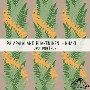 May include: A repeating pattern featuring yellow flowers and green fern-like leaves on a khaki background. The text "PALAPALAI AND PUAKENIKENI - KHAKI" is displayed across the image.